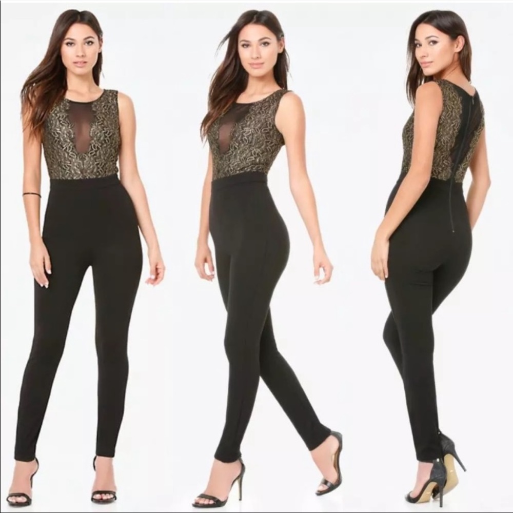 BEBE Black sheer gold lace ponte jumpsuit